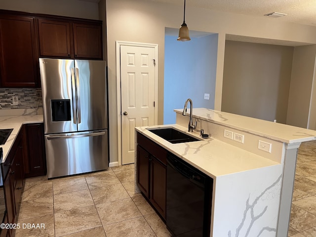 kitchen with a sink, black dishwasher, dark brown cabinets, stainless steel refrigerator with ice dispenser, and decorative backsplash