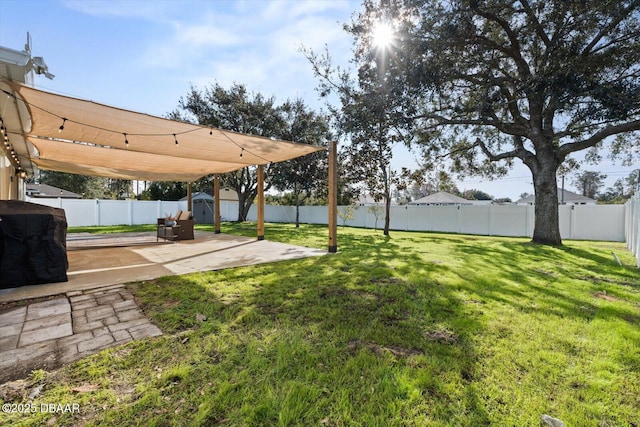 view of yard with a shed and a patio area