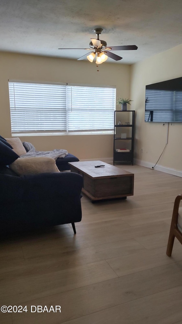 living room with hardwood / wood-style flooring and ceiling fan