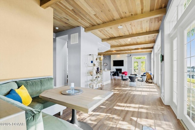 dining space featuring wood ceiling, beamed ceiling, wood finished floors, and visible vents