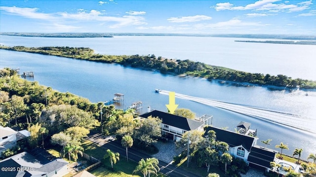 drone / aerial view featuring a water view