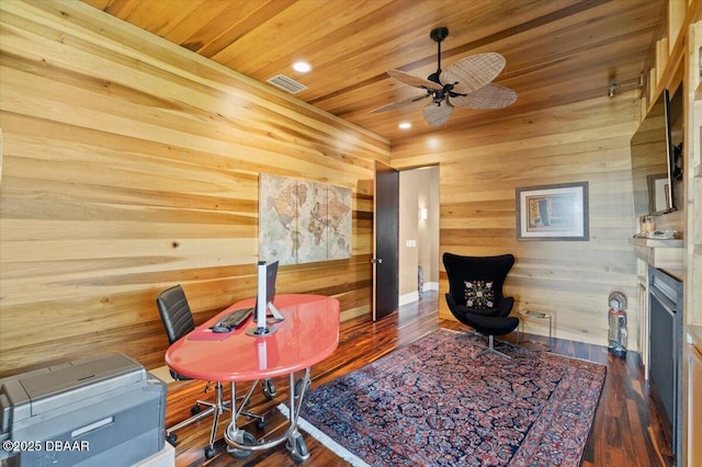 office with wood finished floors, visible vents, ceiling fan, wood ceiling, and wood walls