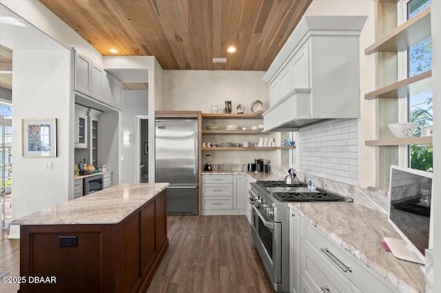 kitchen featuring wood ceiling, backsplash, high quality appliances, and open shelves