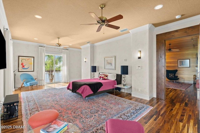 3212 John Anderson Dr, Ormond Beach, FL 32176 - bedroom with visible vents, ornamental molding, wood finished floors, baseboards, and access to exterior