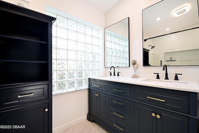 22 Sand Dune Dr, New Smyrna Beach, FL 32169 - full bathroom featuring double vanity, tiled shower, and tile patterned flooring