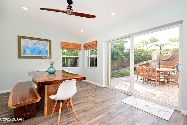 22 Sand Dune Dr, New Smyrna Beach, FL 32169 - dining room with light wood-style flooring, a ceiling fan, vaulted ceiling, and recessed lighting