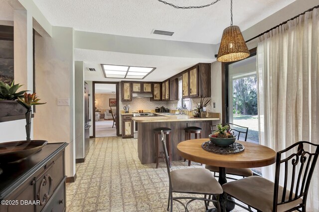 dining space featuring sink and a textured ceiling