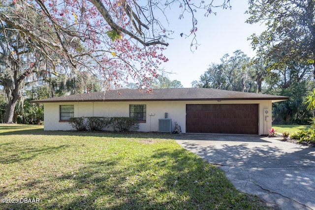 single story home featuring a garage, a front lawn, and central air condition unit