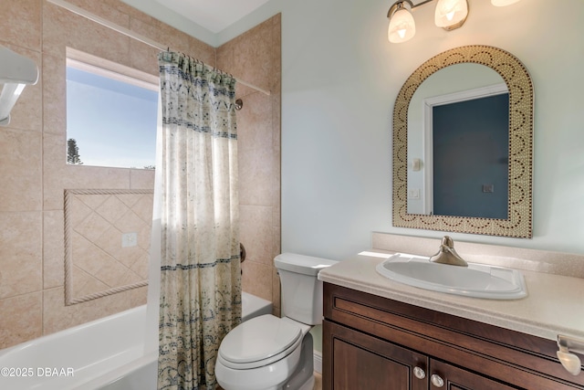 full bathroom with toilet, shower / bath combo with shower curtain, and vanity