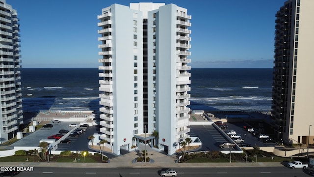 view of building exterior featuring a water view