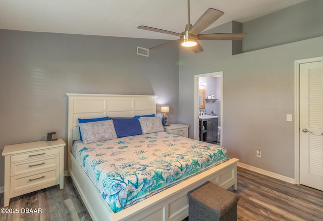 3324 Royal Palm Dr, Edgewater, FL 32141 - bedroom featuring dark wood-type flooring, ensuite bathroom, a ceiling fan, and high vaulted ceiling