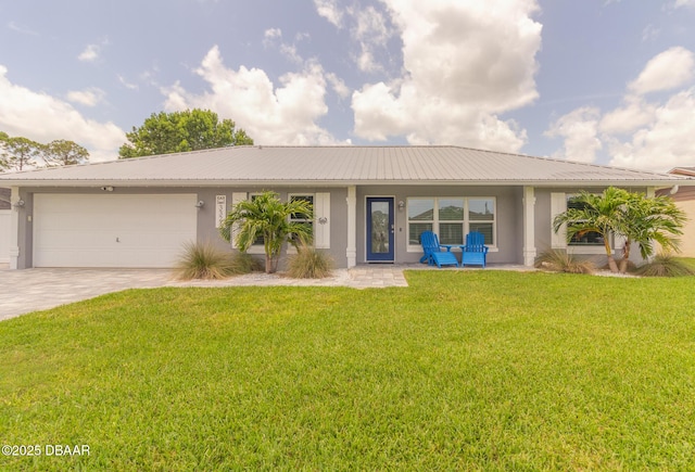 3324 Royal Palm Dr, Edgewater, FL 32141 - ranch-style home with stucco siding, concrete driveway, an attached garage, a front yard, and a porch