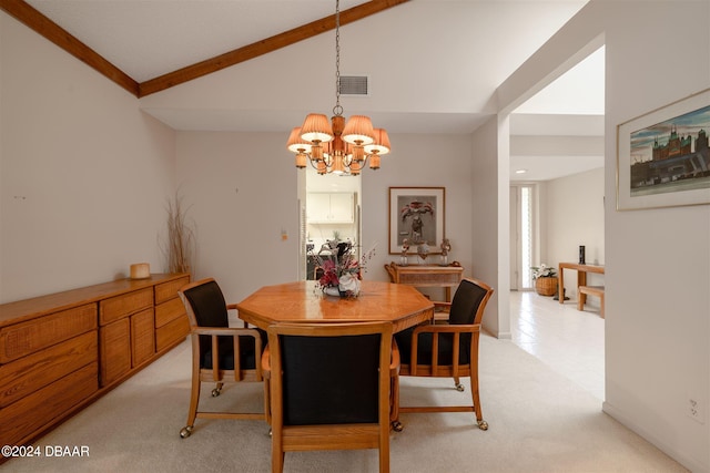 dining room with a chandelier, light carpet, and vaulted ceiling with beams