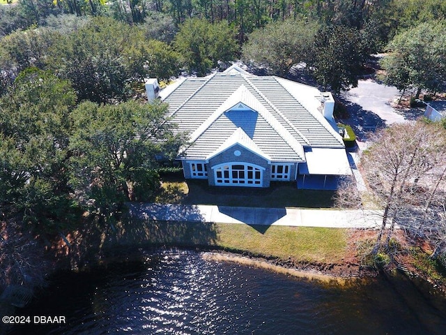 drone / aerial view with a water view