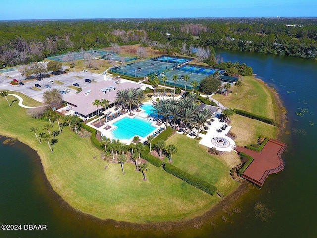 drone / aerial view featuring a water view