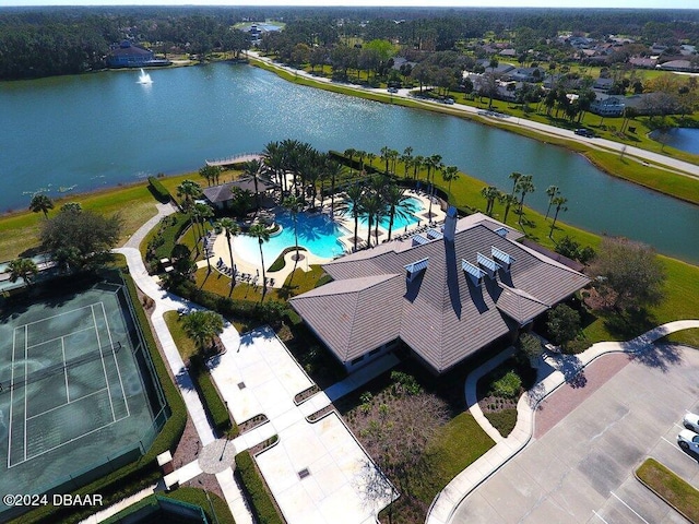 drone / aerial view with a water view