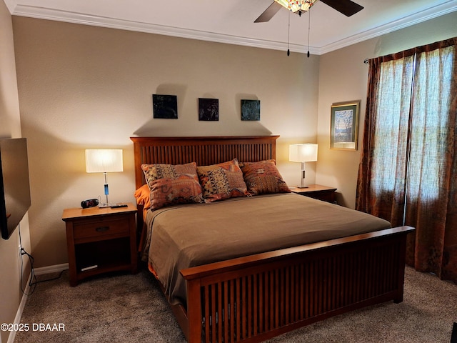 3107 Crab Trap Dr, New Smyrna Beach, FL 32168 - carpeted bedroom featuring ornamental molding, baseboards, and ceiling fan