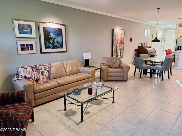 3107 Crab Trap Dr, New Smyrna Beach, FL 32168 - living room featuring crown molding and light tile patterned floors
