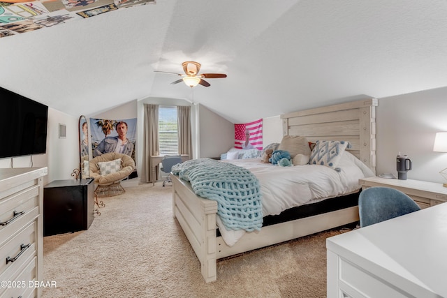 bedroom with light carpet, lofted ceiling, and a ceiling fan