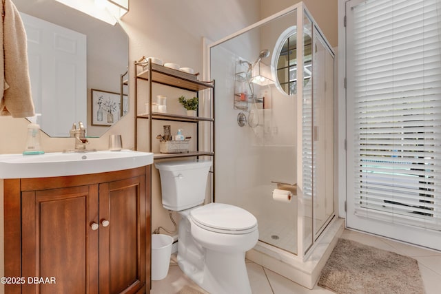 bathroom with a stall shower, tile patterned floors, toilet, and vanity