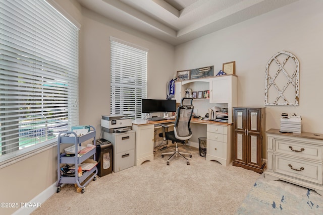 home office with light colored carpet and baseboards