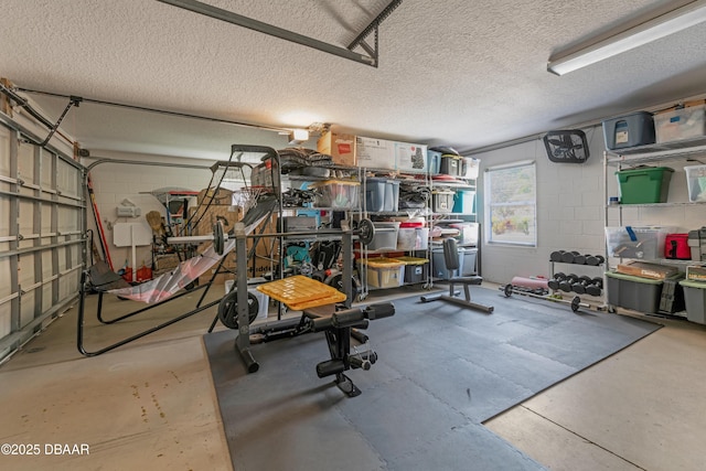 garage with concrete block wall