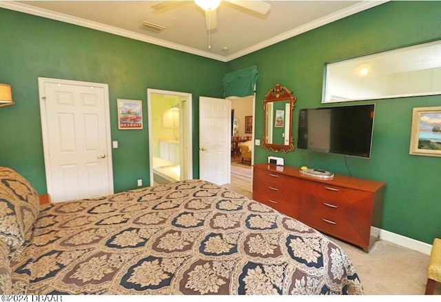 bedroom featuring light colored carpet, ceiling fan, connected bathroom, and ornamental molding