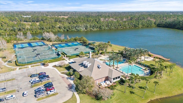 drone / aerial view with a water view