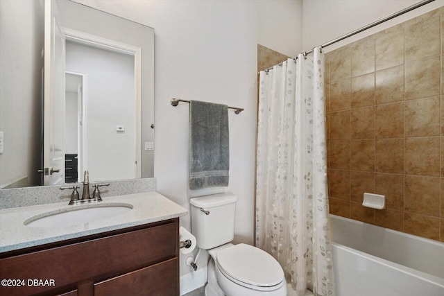 full bathroom featuring vanity, shower / bathtub combination with curtain, and toilet