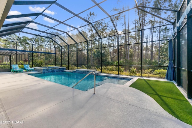 view of swimming pool with a patio area, glass enclosure, and an in ground hot tub