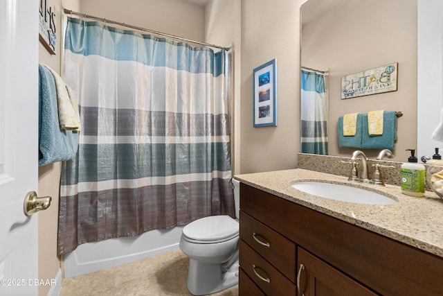 full bathroom with vanity, shower / tub combo with curtain, and toilet