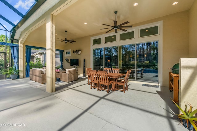 view of patio with ceiling fan and outdoor lounge area