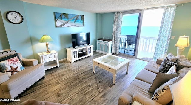 living room featuring a textured ceiling and hardwood / wood-style flooring