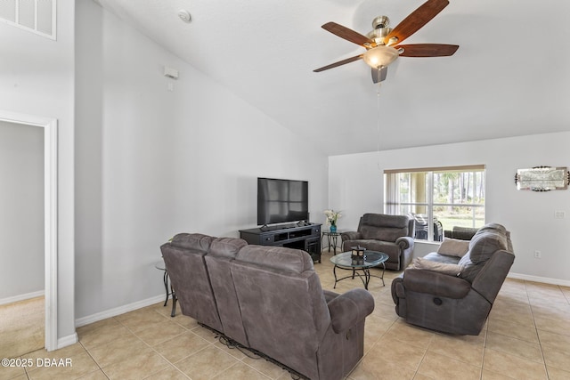 living area featuring light tile patterned floors, high vaulted ceiling, ceiling fan, and visible vents