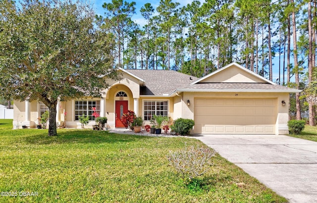 single story home with driveway, a shingled roof, an attached garage, a front lawn, and stucco siding