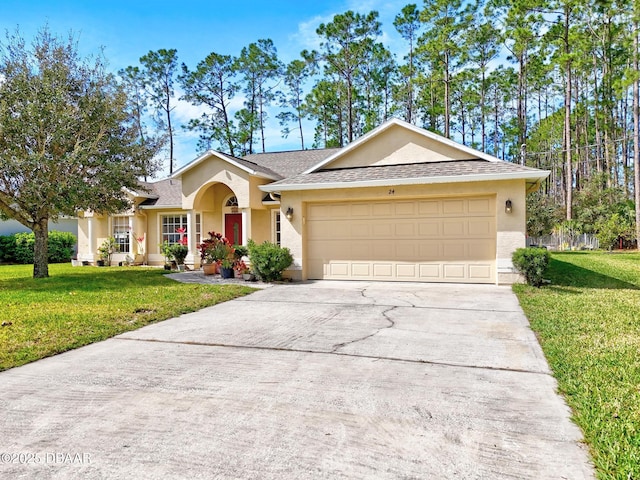 single story home with driveway, roof with shingles, an attached garage, a front lawn, and stucco siding