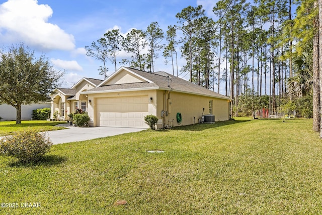 view of front of home featuring a garage, concrete driveway, cooling unit, a front yard, and stucco siding