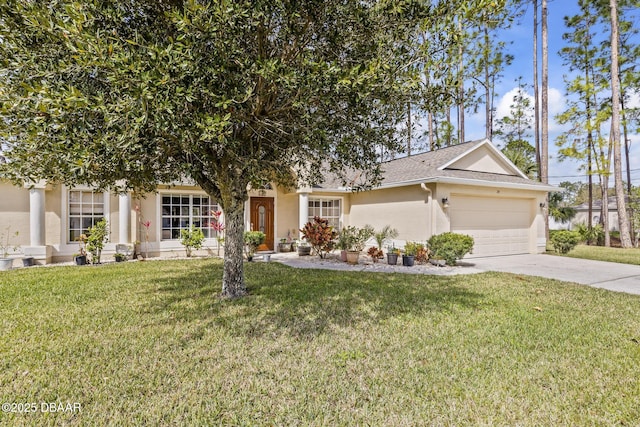 view of front of home with a garage, concrete driveway, roof with shingles, a front lawn, and stucco siding