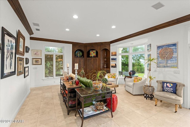 living room featuring light tile patterned floors and crown molding