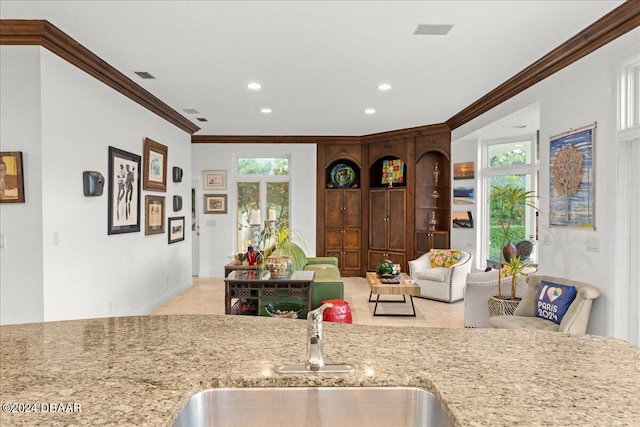 kitchen featuring ornamental molding, sink, and light stone counters