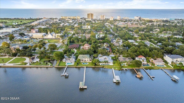 drone / aerial view with a water view