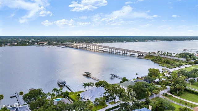 bird's eye view with a water view