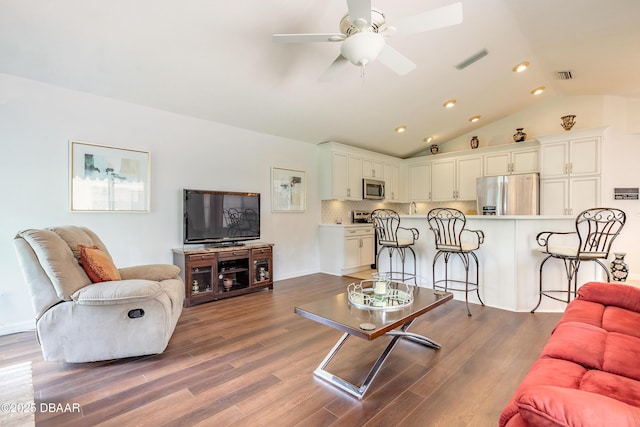 7 Fernery Trl, Ormond Beach, FL 32174 - living area featuring a ceiling fan, lofted ceiling, recessed lighting, and dark wood finished floors
