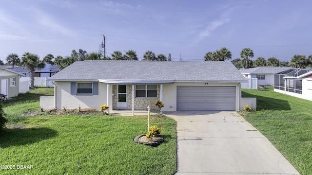 34 Kathy Dr, Ormond Beach, FL 32176 - ranch-style home featuring an attached garage, driveway, a front yard, and roof with shingles