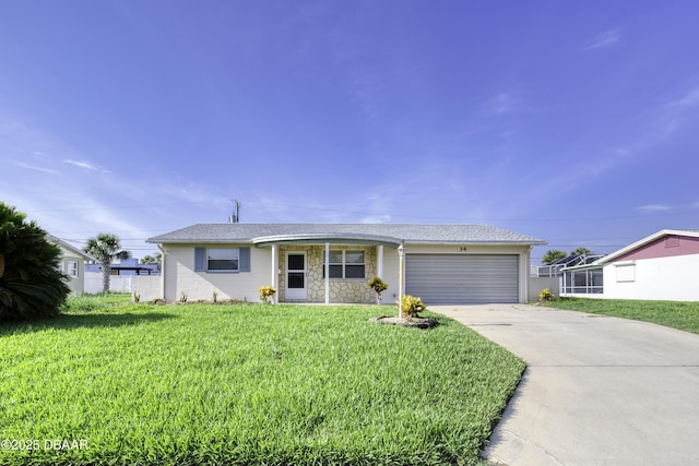 34 Kathy Dr, Ormond Beach, FL 32176 - ranch-style home with a garage, concrete driveway, and stone siding