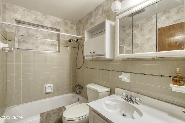 34 Kathy Dr, Ormond Beach, FL 32176 - bathroom with shower / washtub combination, toilet, vanity, wallpapered walls, and backsplash