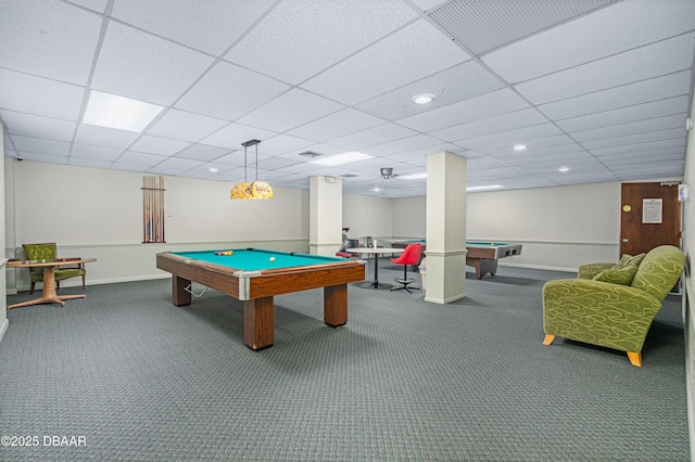 game room with carpet, a drop ceiling, and billiards