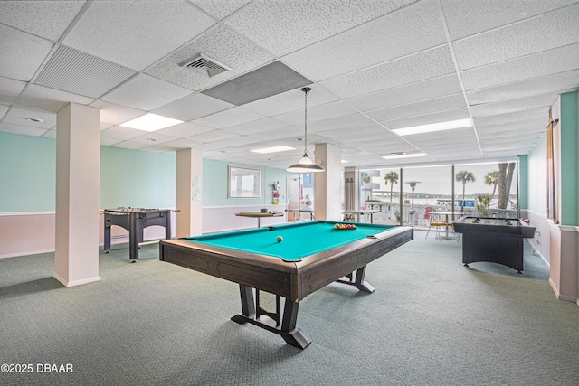 rec room with carpet flooring, a drop ceiling, and billiards