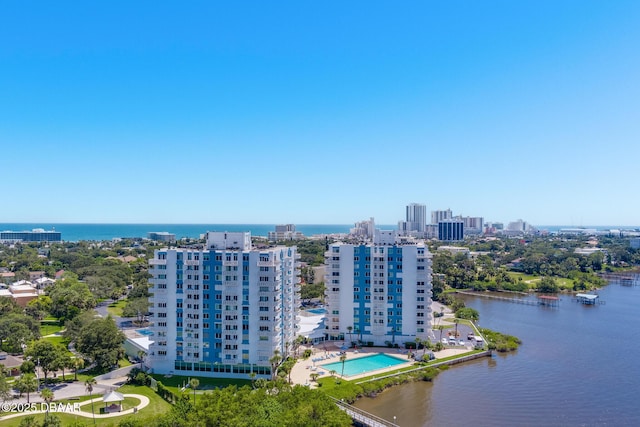 birds eye view of property featuring a water view