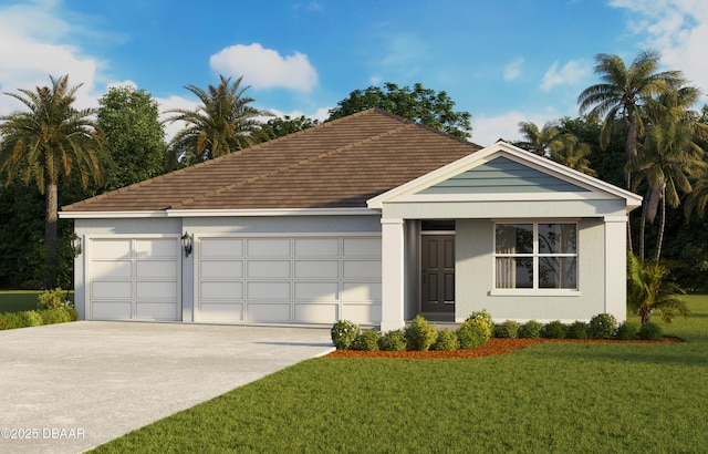 ranch-style home featuring concrete driveway, a tiled roof, an attached garage, a front lawn, and stucco siding